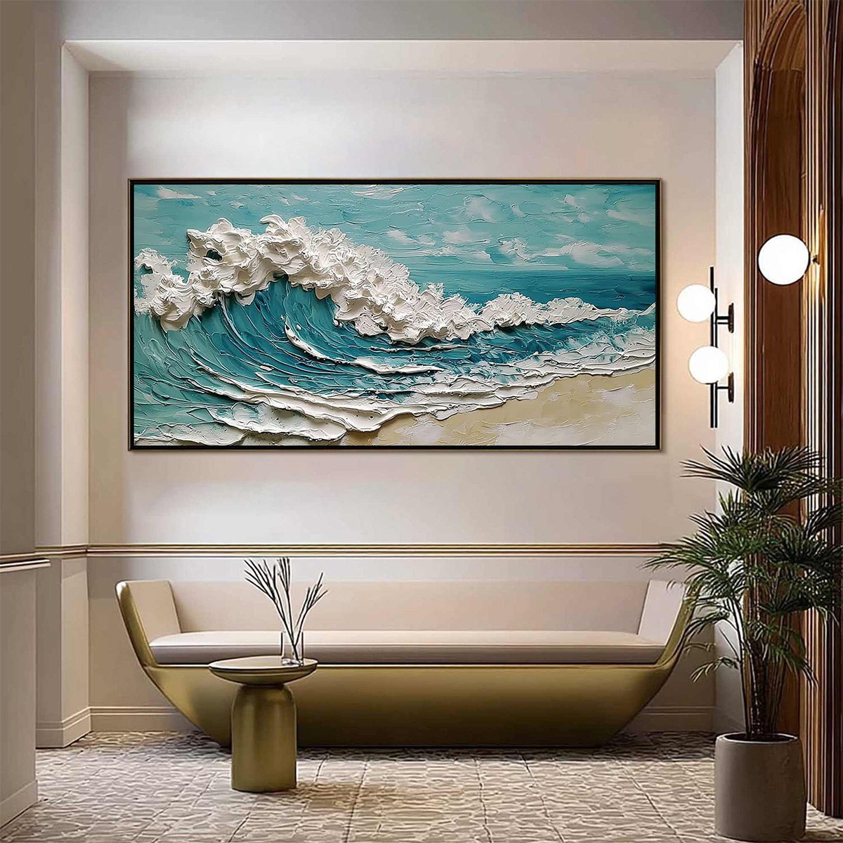 Azure Crest hand-painted white, turquoise and azure blue textured ocean wave painting shown as stretched canvas