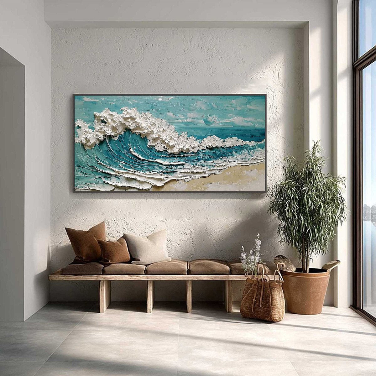Azure Crest hand-painted white, turquoise and azure blue textured ocean wave painting shown with silver frame