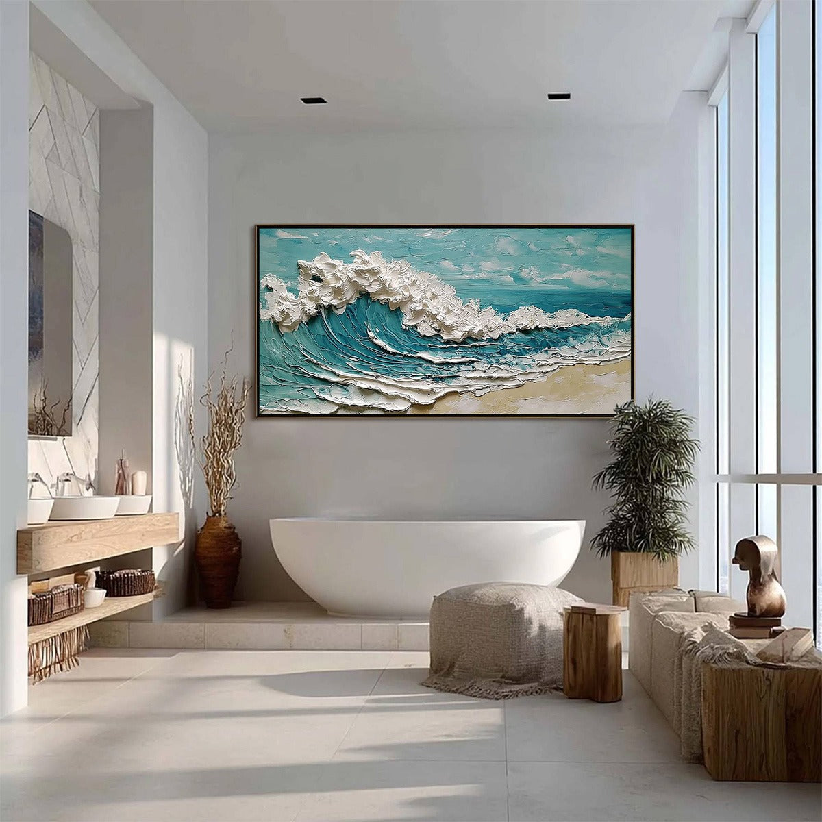 Azure Crest hand-painted white, turquoise and azure blue textured ocean wave painting shown with black frame
