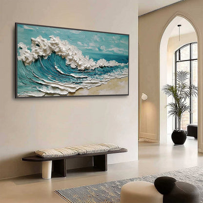 Azure Crest hand-painted white, turquoise and azure blue textured ocean wave painting shown with wood frame