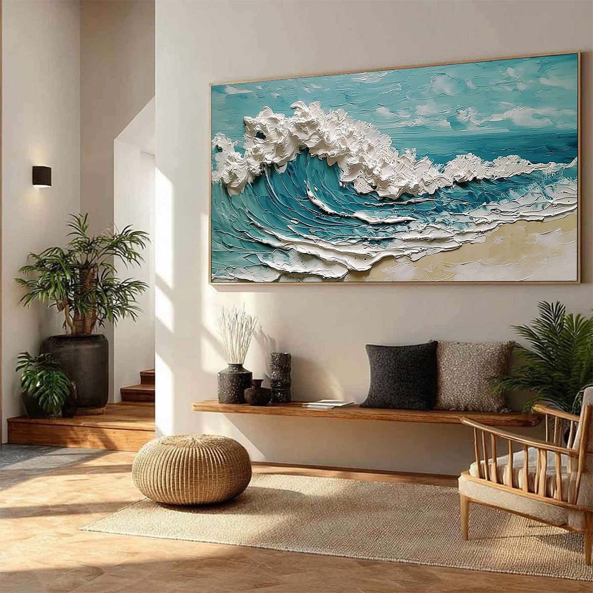 Azure Crest hand-painted white, turquoise and azure blue textured ocean wave painting rolled canvas option
