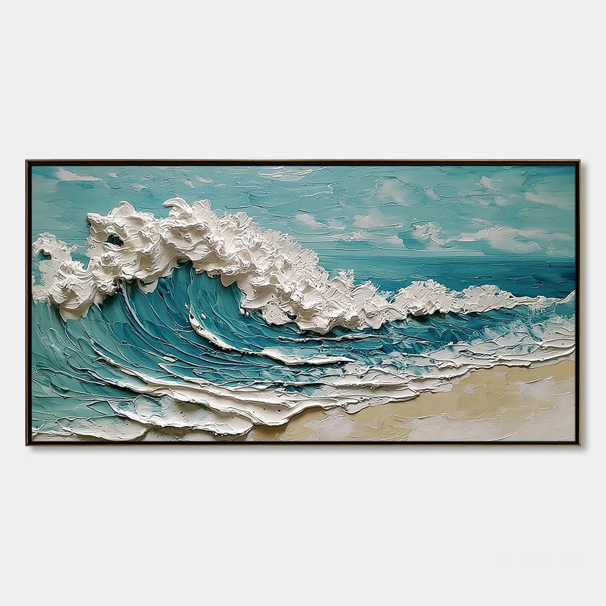 Azure Crest hand-painted white, turquoise and azure blue textured ocean wave painting rolled canvas option