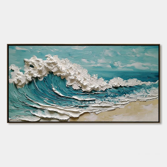 Azure Crest hand-painted white, turquoise and azure blue textured ocean wave painting rolled canvas option