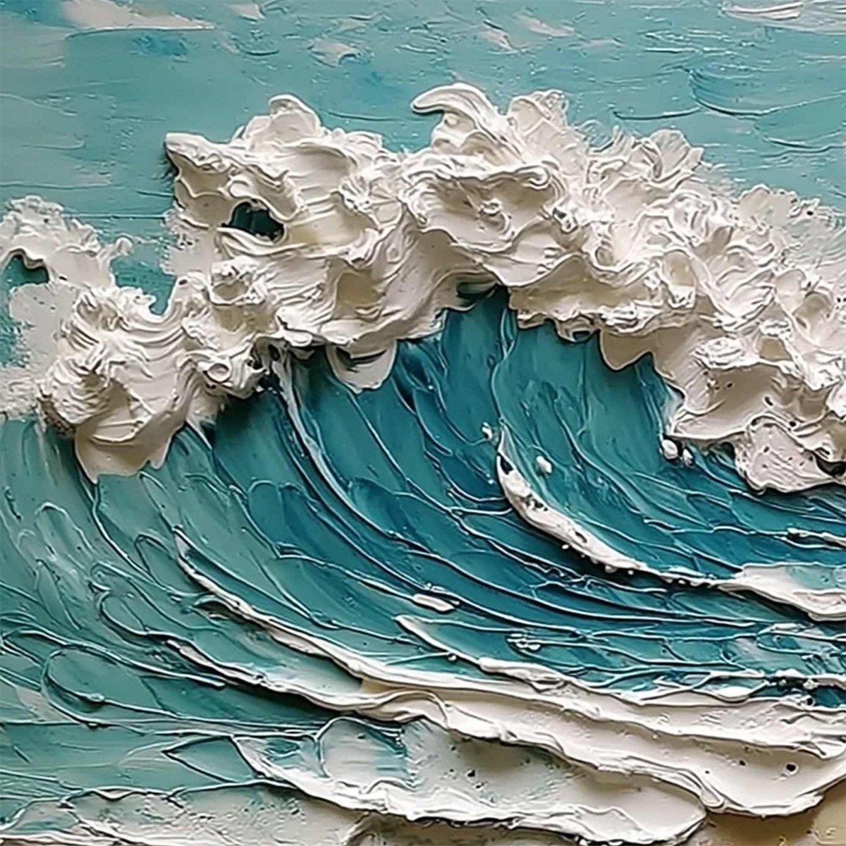 Azure Crest hand-painted white, turquoise and azure blue textured ocean wave painting shown with gold frame