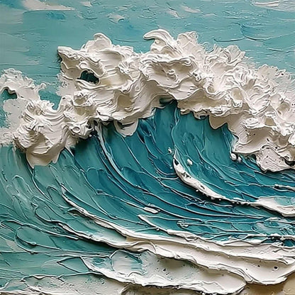 Azure Crest hand-painted white, turquoise and azure blue textured ocean wave painting shown with gold frame