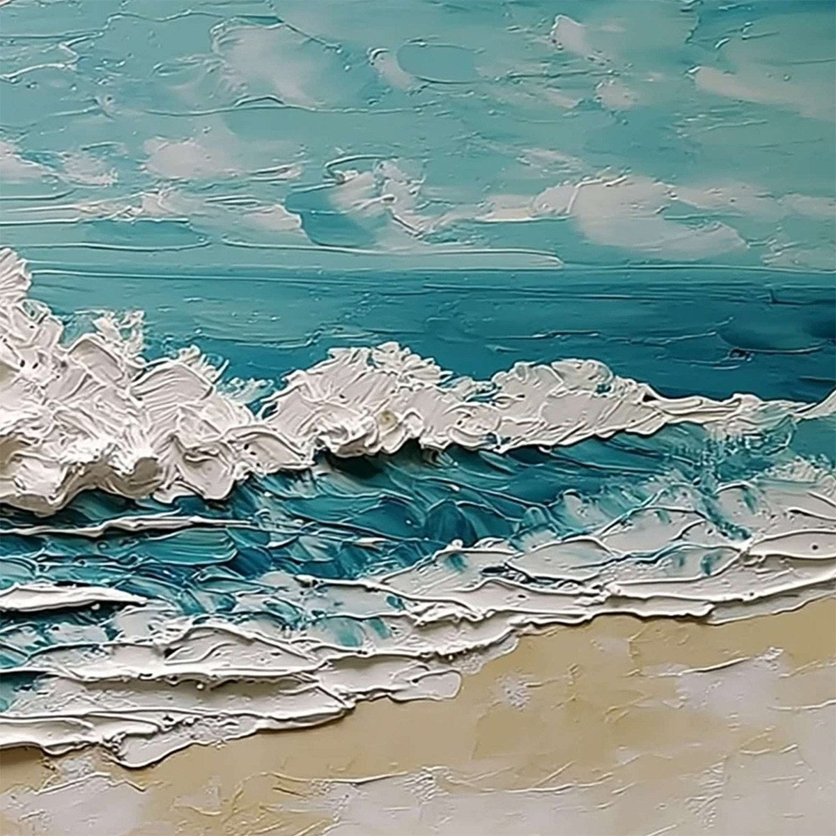 Azure Crest hand-painted white, turquoise and azure blue textured ocean wave painting shown with white frame