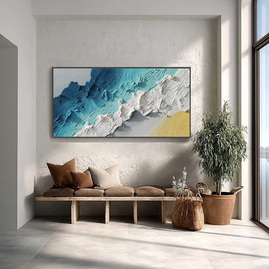 Azure Crest hand-painted white, beige and azure blue textured ocean wave painting shown as stretched canvas