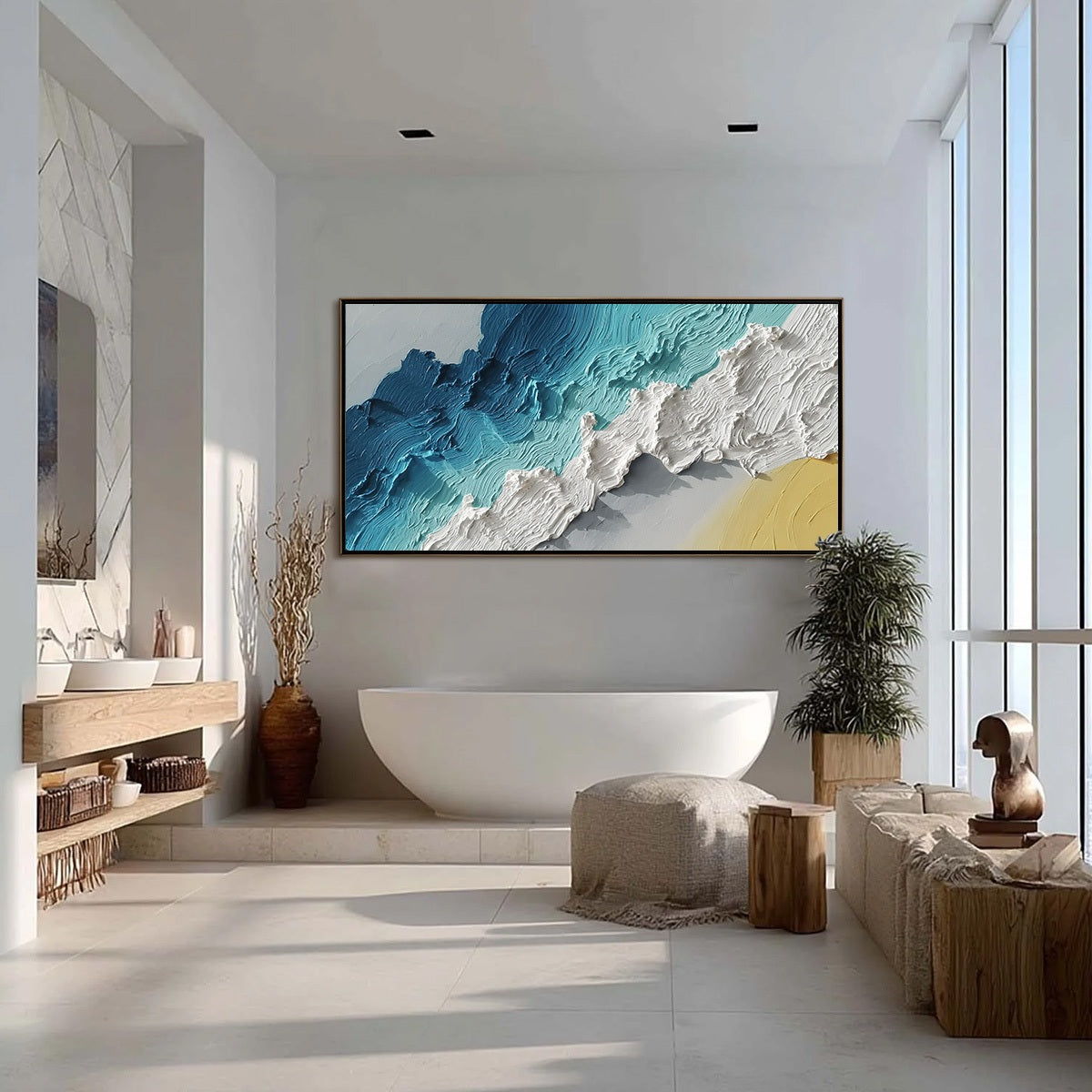Azure Crest hand-painted white, beige and azure blue textured ocean wave painting shown with silver frame