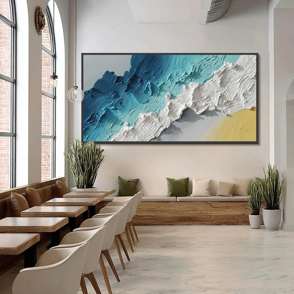 Azure Crest hand-painted white, beige and azure blue textured ocean wave painting shown with black frame