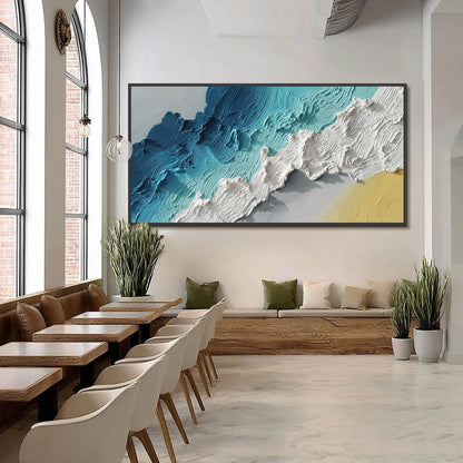 Azure Crest hand-painted white, beige and azure blue textured ocean wave painting shown with black frame