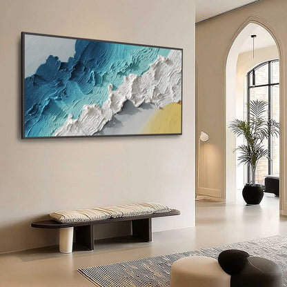 Azure Crest hand-painted white, beige and azure blue textured ocean wave painting shown with wood frame