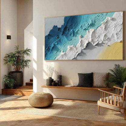 Azure Crest hand-painted white, beige and azure blue textured ocean wave painting rolled canvas option