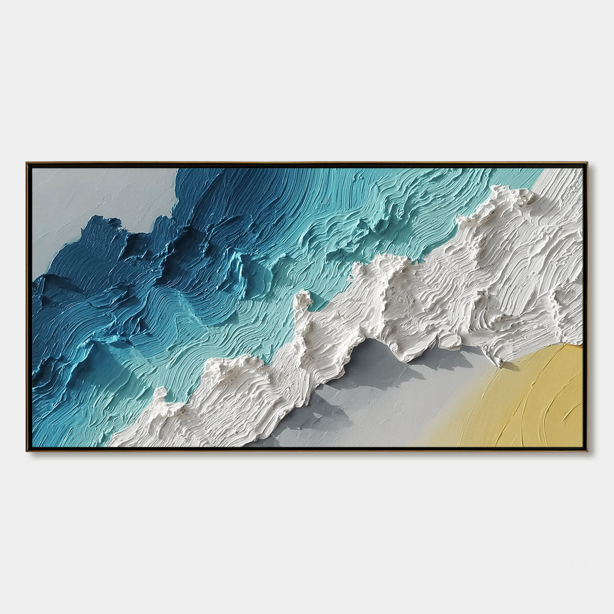 Azure Crest hand-painted white, beige and azure blue textured ocean wave painting rolled canvas option