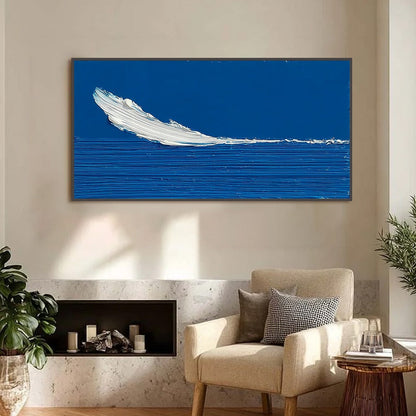 Azure Crest hand-painted white, azure blue and ocean blue textured ocean wave painting shown as stretched canvas