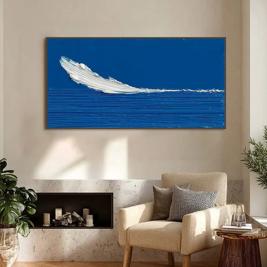 Azure Crest hand-painted white, azure blue and ocean blue textured ocean wave painting shown as stretched canvas