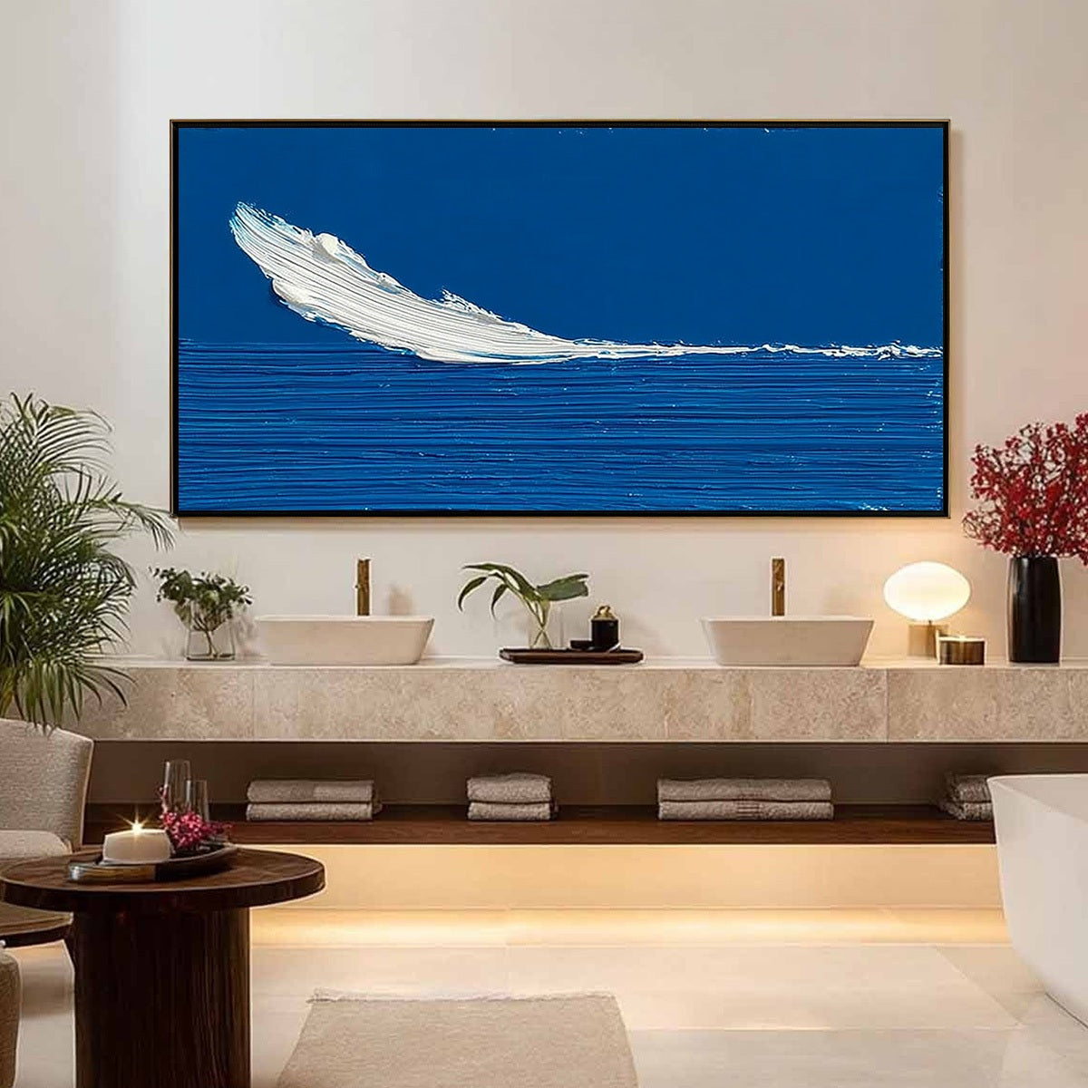 Azure Crest hand-painted white, azure blue and ocean blue textured ocean wave painting shown with silver frame