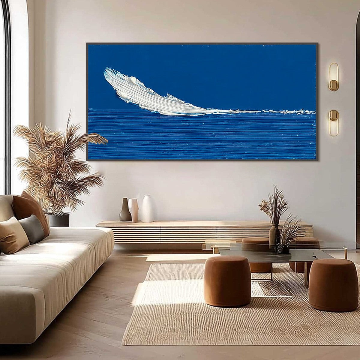Azure Crest hand-painted white, azure blue and ocean blue textured ocean wave painting shown with black frame