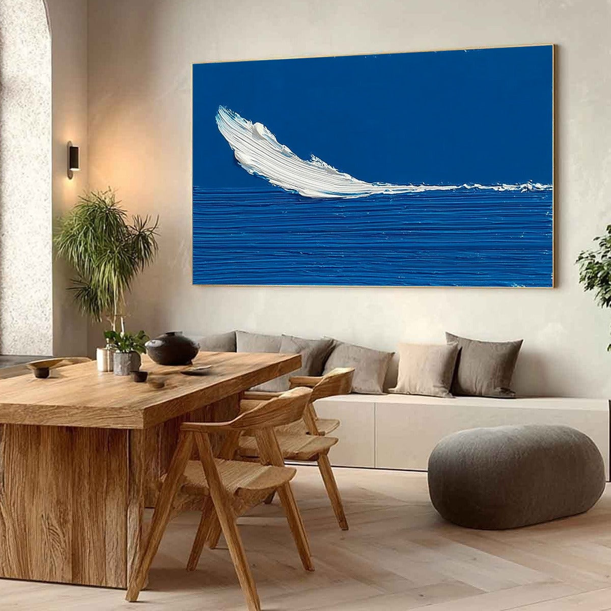 Azure Crest hand-painted white, azure blue and ocean blue textured ocean wave painting shown with wood frame