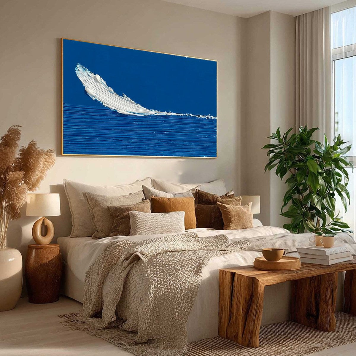 Azure Crest hand-painted white, azure blue and ocean blue textured ocean wave painting rolled canvas option