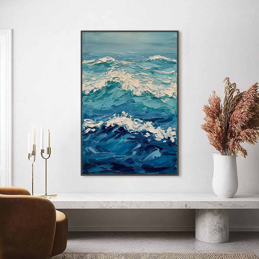 Azure Crest hand-painted azure blue and ivory textured ocean wave painting shown as stretched canvas