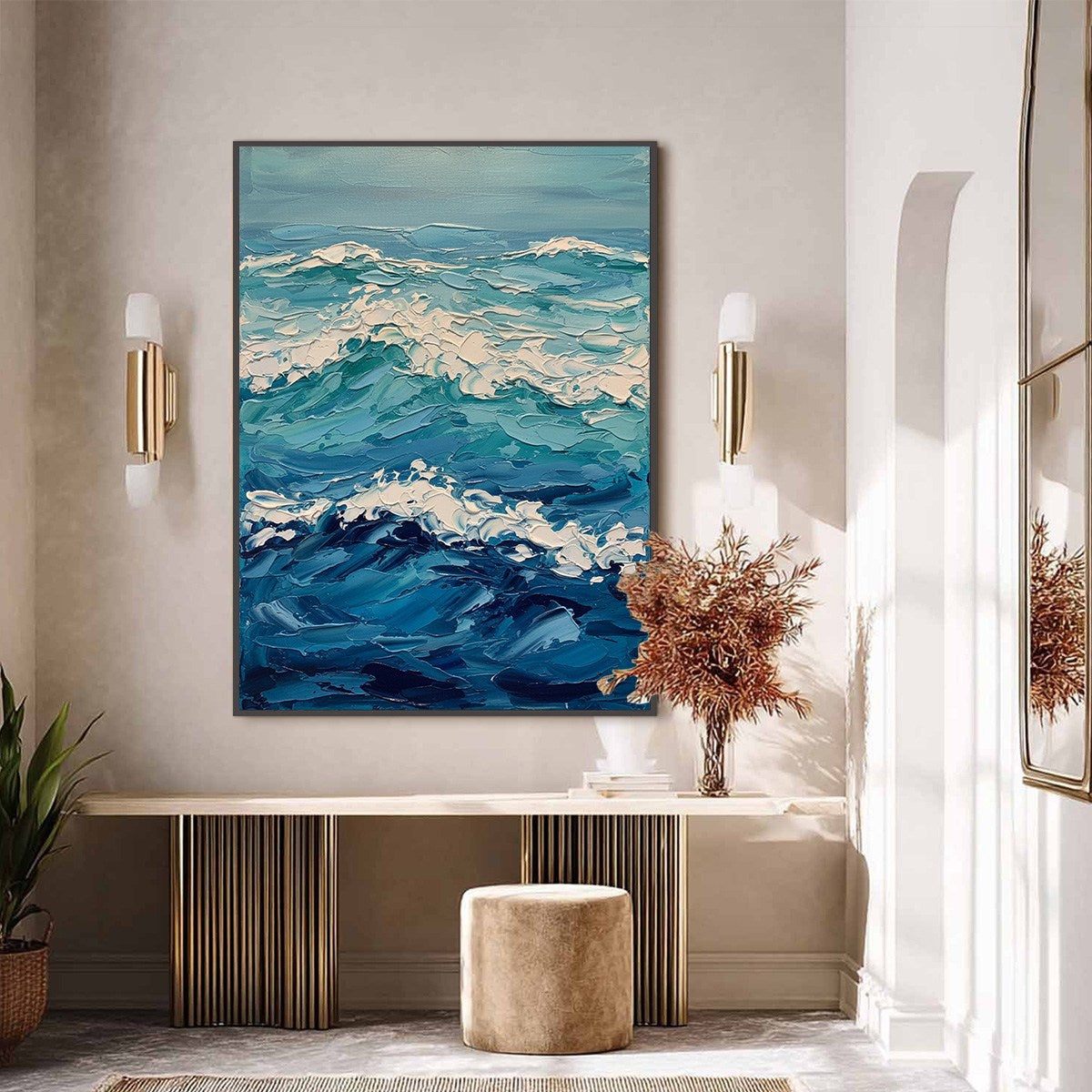 Azure Crest hand-painted azure blue and ivory textured ocean wave painting shown with silver frame