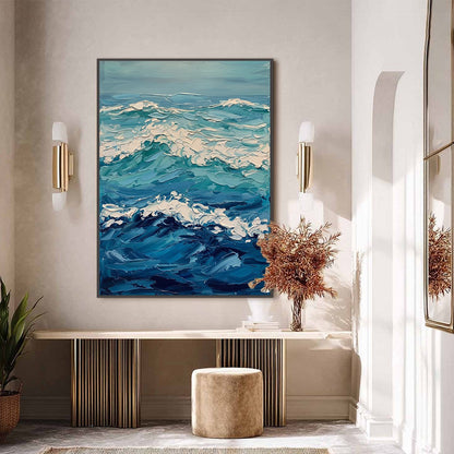 Azure Crest hand-painted azure blue and ivory textured ocean wave painting shown with silver frame