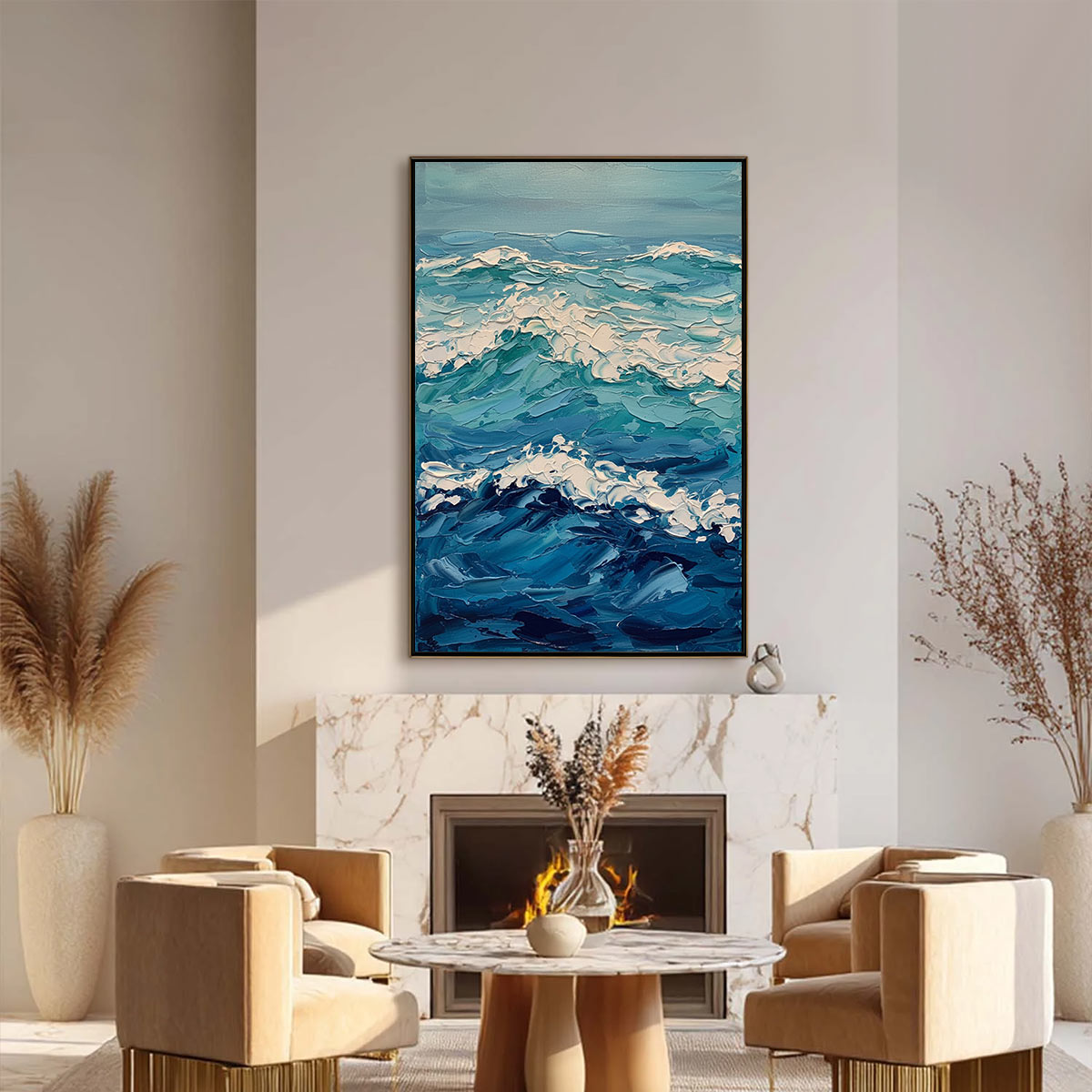 Azure Crest hand-painted azure blue and ivory textured ocean wave painting shown with black frame