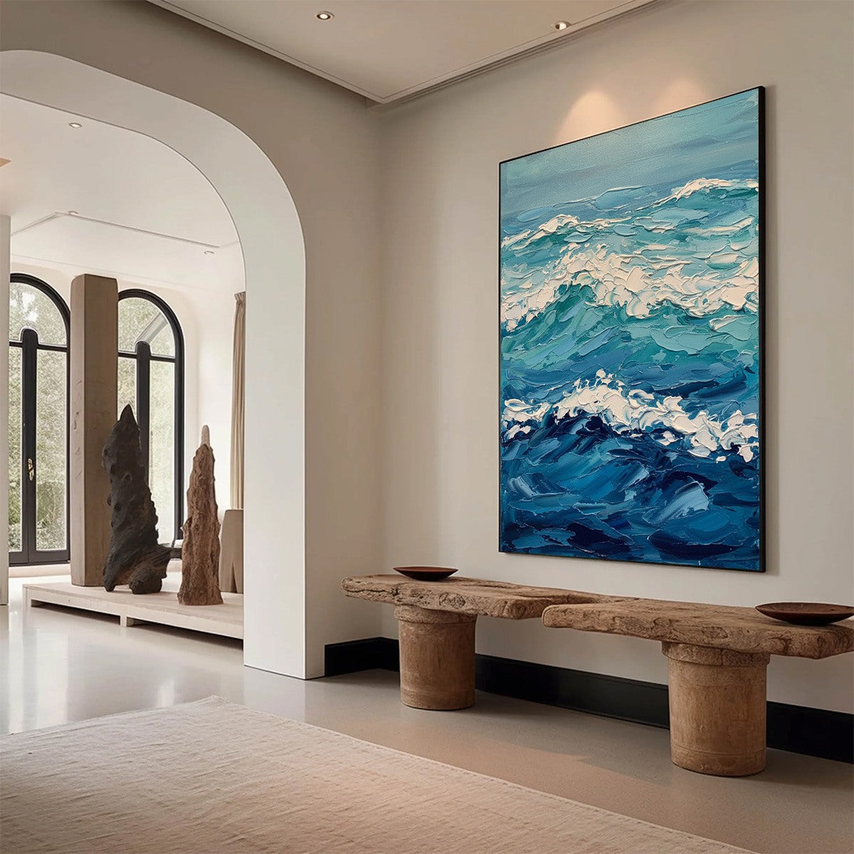 Azure Crest hand-painted azure blue and ivory textured ocean wave painting shown with wood frame