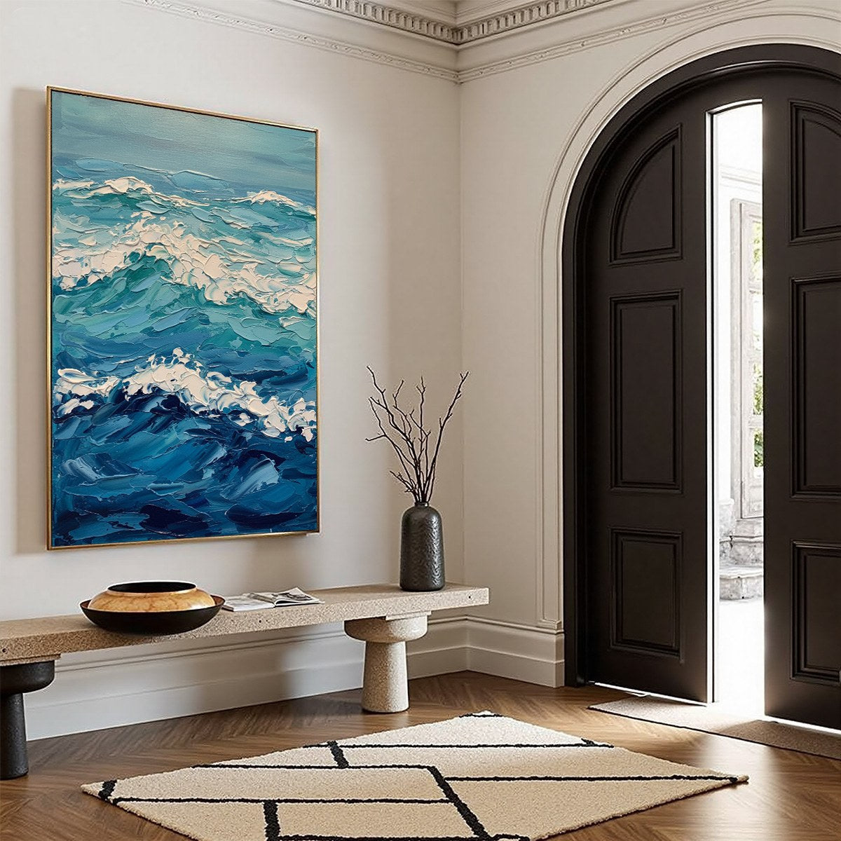 Azure Crest hand-painted azure blue and ivory textured ocean wave painting rolled canvas option