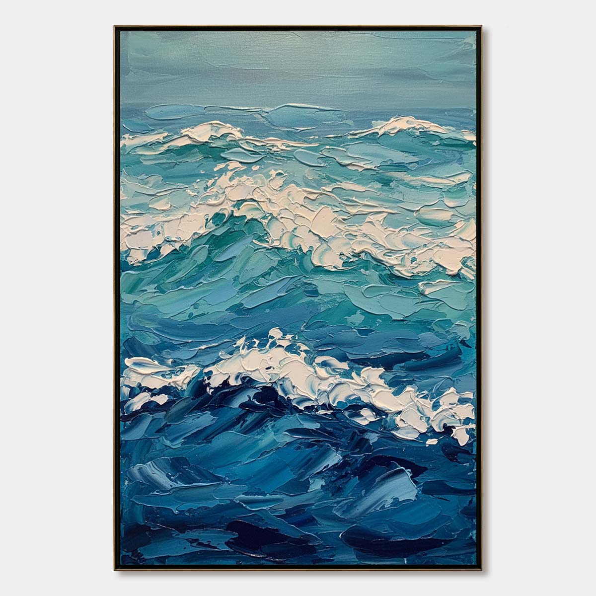 Azure Crest hand-painted azure blue and ivory textured ocean wave painting rolled canvas option