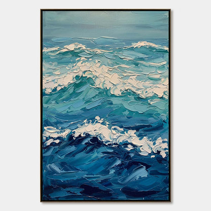 Azure Crest hand-painted azure blue and ivory textured ocean wave painting rolled canvas option