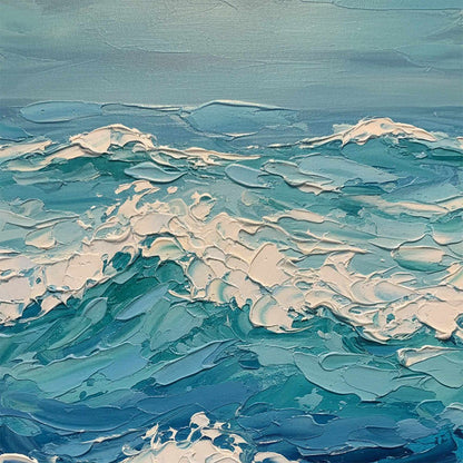 Azure Crest hand-painted azure blue and ivory textured ocean wave painting shown with white frame