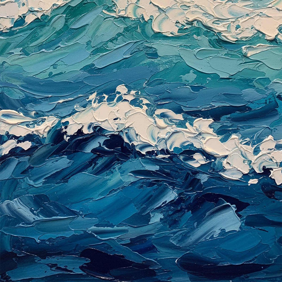 Azure Crest hand-painted azure blue and ivory textured ocean wave painting shown with gold frame