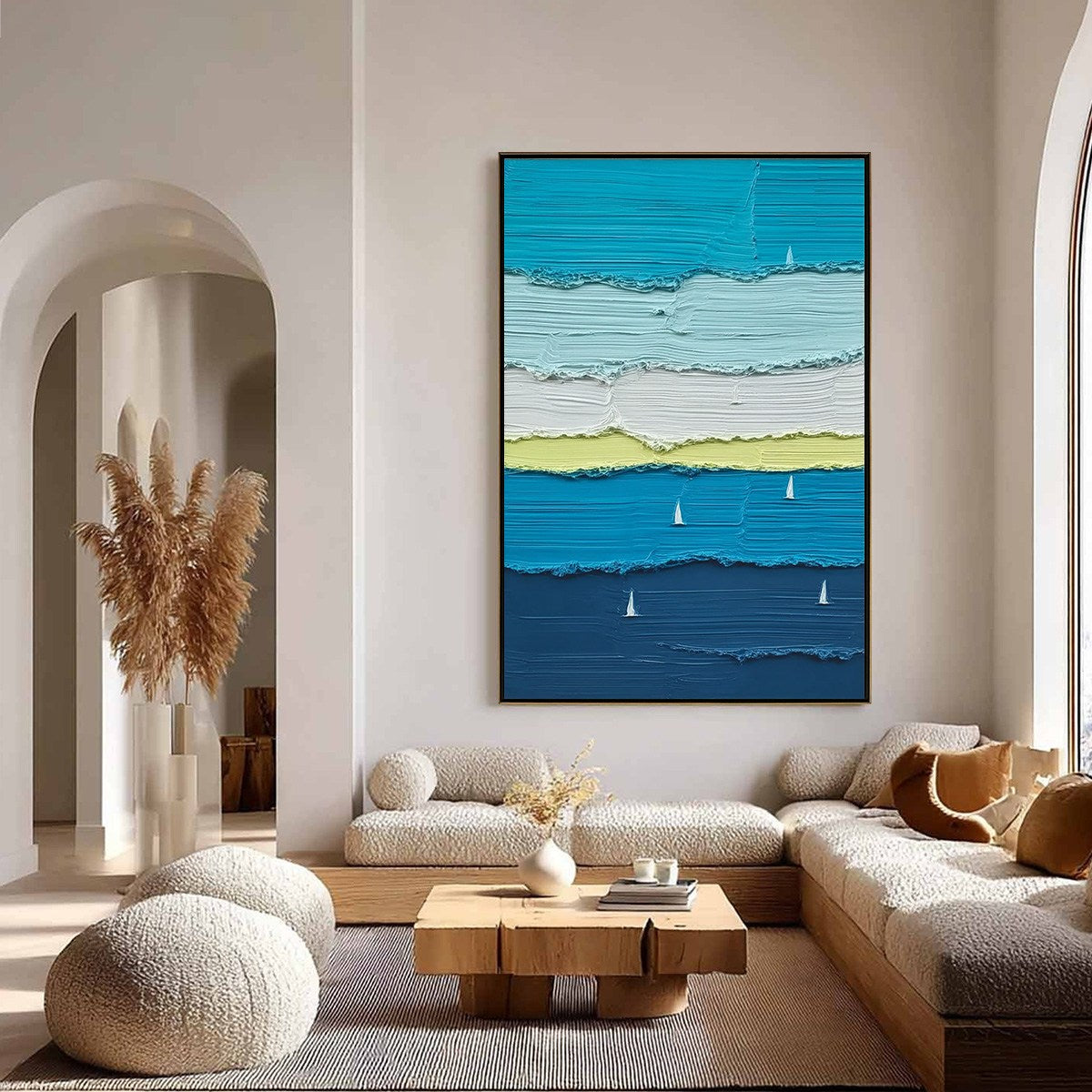 Azure Regatta hand-painted white, navy blue, azure blue and ocean blue textured sailboat seascape painting shown with silver frame