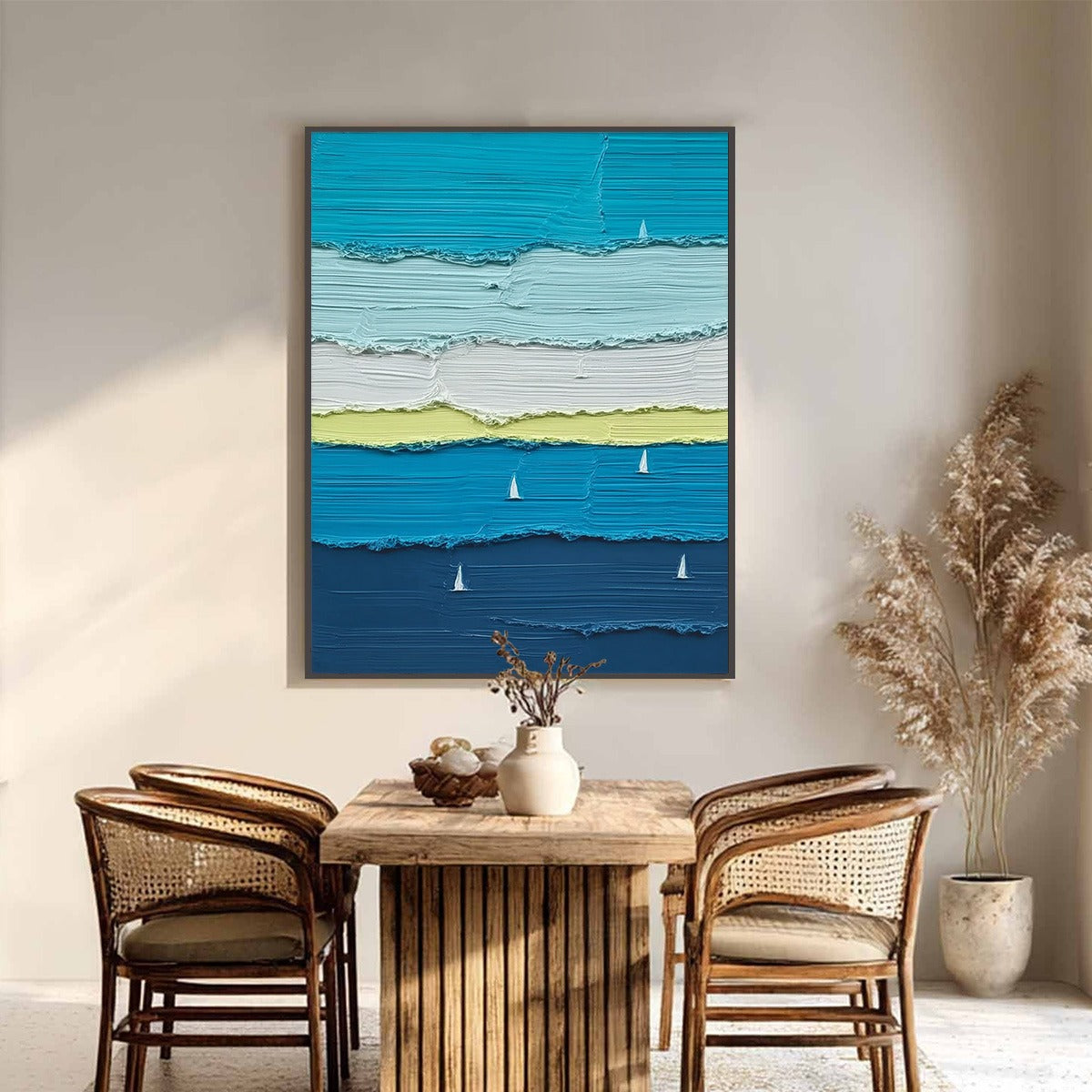 Azure Regatta hand-painted white, navy blue, azure blue and ocean blue textured sailboat seascape painting shown as stretched canvas