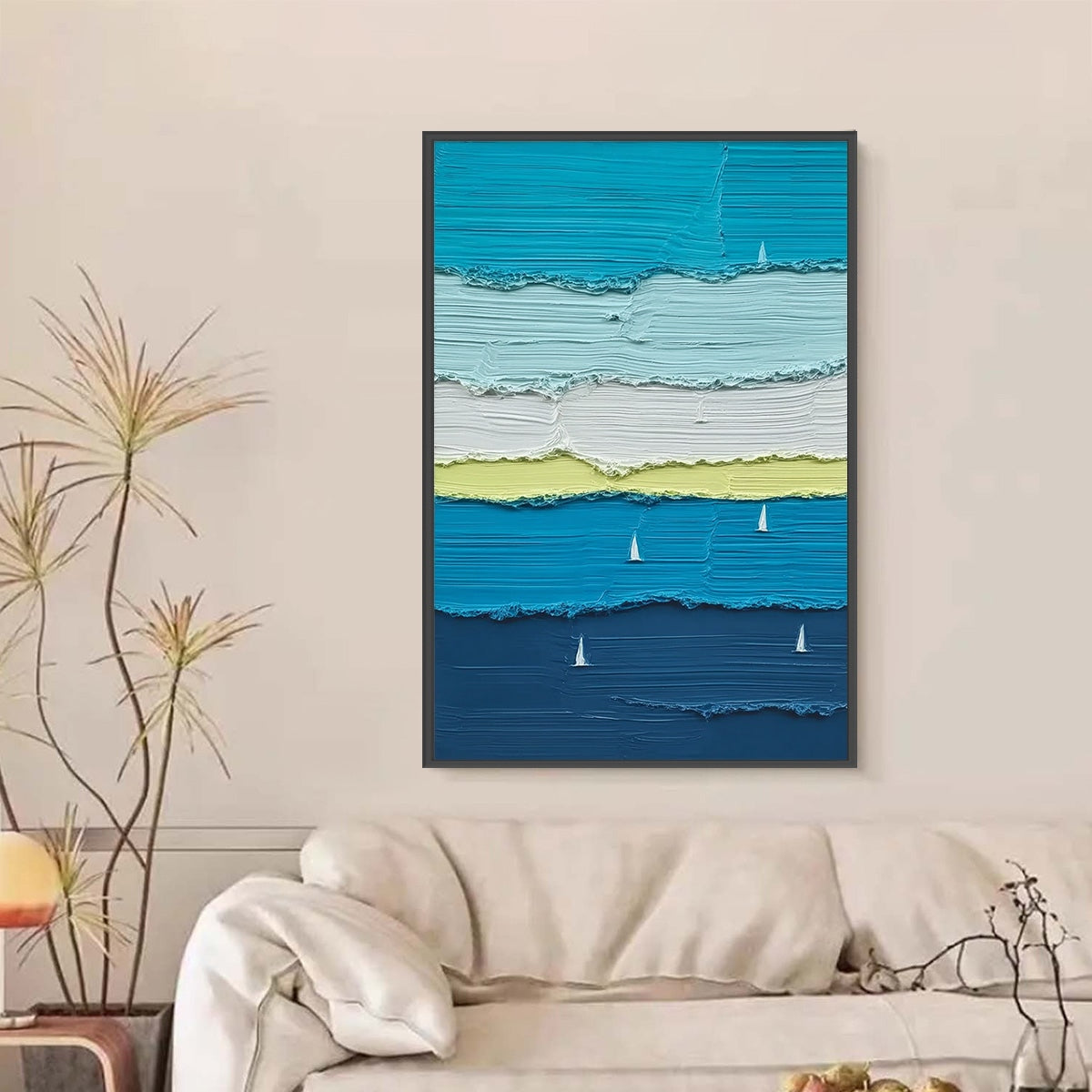 Azure Regatta hand-painted white, navy blue, azure blue and ocean blue textured sailboat seascape painting shown with black frame