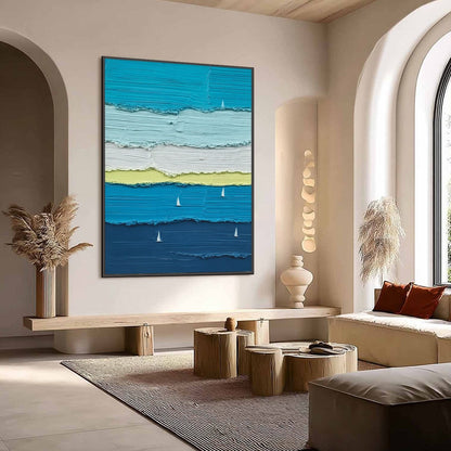 Azure Regatta hand-painted white, navy blue, azure blue and ocean blue textured sailboat seascape painting shown with wood frame