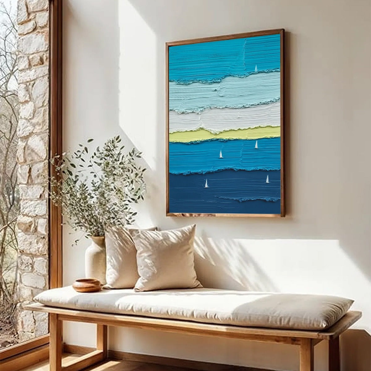 Azure Regatta hand-painted white, navy blue, azure blue and ocean blue textured sailboat seascape painting rolled canvas option