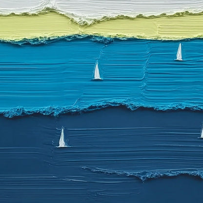 Azure Regatta hand-painted white, navy blue, azure blue and ocean blue textured sailboat seascape painting shown with white frame