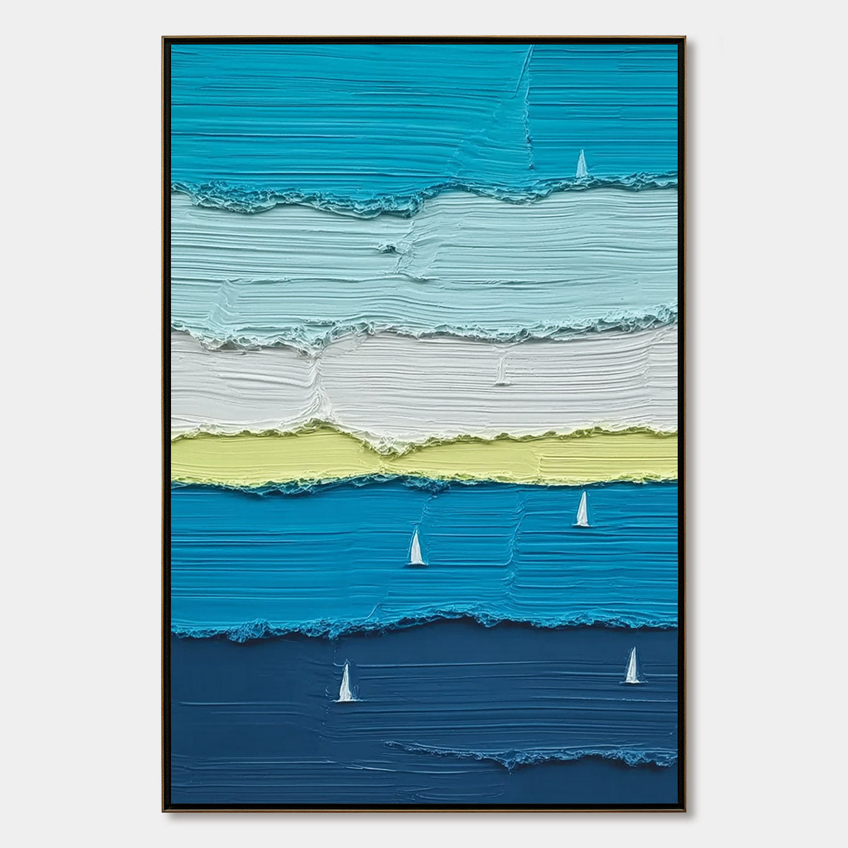 Azure Regatta hand-painted white, navy blue, azure blue and ocean blue textured sailboat seascape painting rolled canvas option
