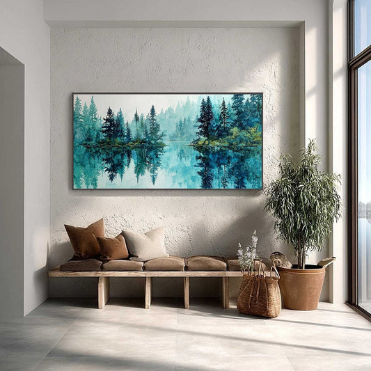 Azure Sanctuary hand-painted azure blue and ivory textured forest landscape painting shown as stretched canvas