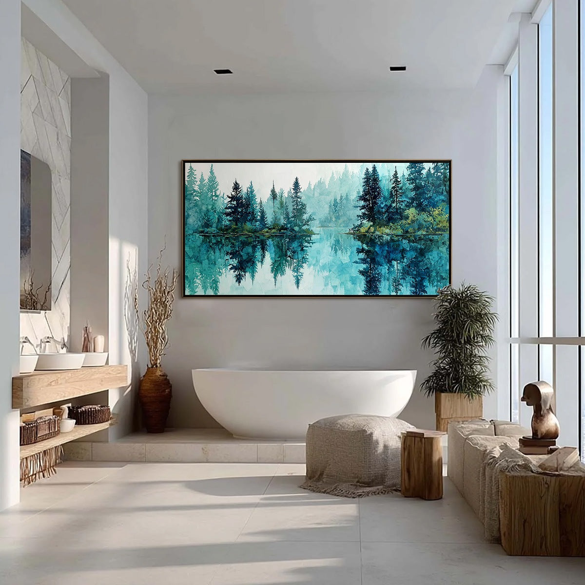 Azure Sanctuary hand-painted azure blue and ivory textured forest landscape painting shown with silver frame