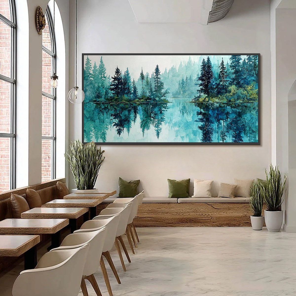 Azure Sanctuary hand-painted azure blue and ivory textured forest landscape painting shown with black frame