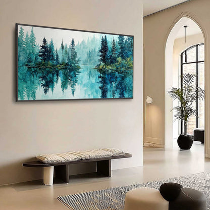 Azure Sanctuary hand-painted azure blue and ivory textured forest landscape painting shown with wood frame