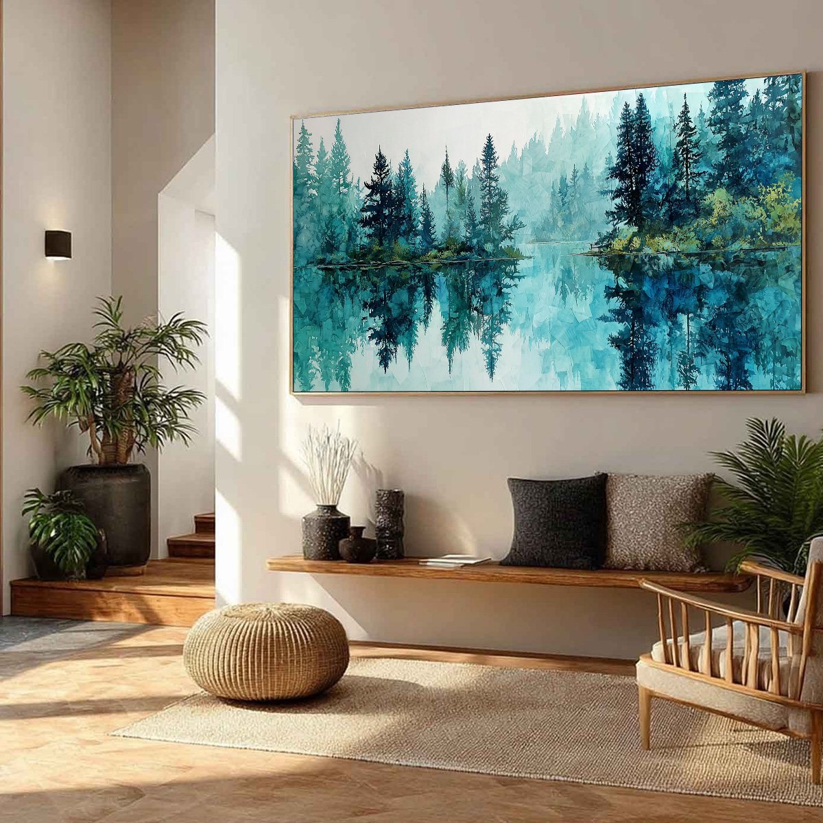 Azure Sanctuary hand-painted azure blue and ivory textured forest landscape painting rolled canvas option