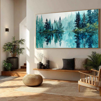Azure Sanctuary hand-painted azure blue and ivory textured forest landscape painting rolled canvas option