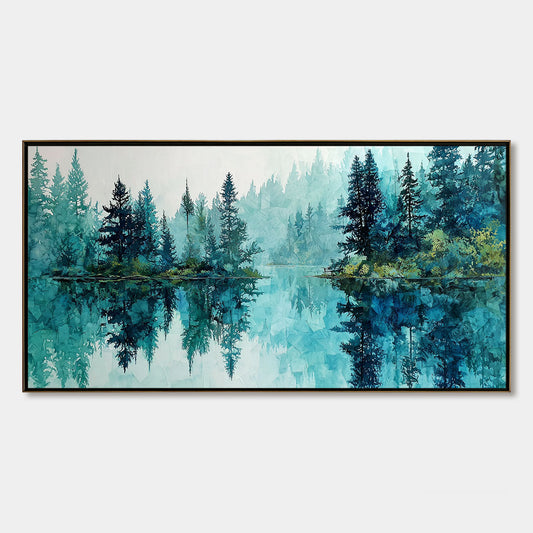 Azure Sanctuary hand-painted azure blue and ivory textured forest landscape painting rolled canvas option