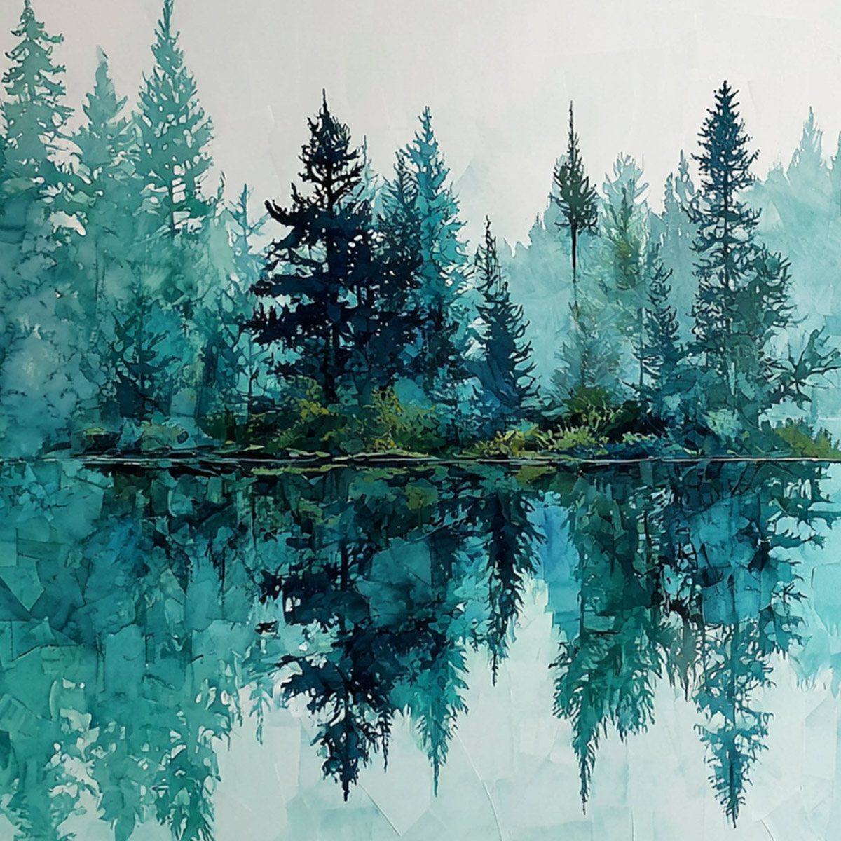 Azure Sanctuary hand-painted azure blue and ivory textured forest landscape painting shown with gold frame