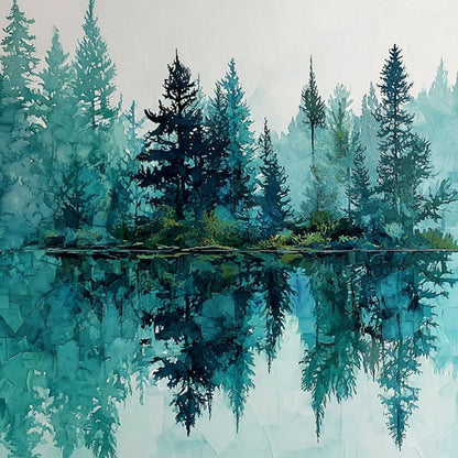 Azure Sanctuary hand-painted azure blue and ivory textured forest landscape painting shown with gold frame