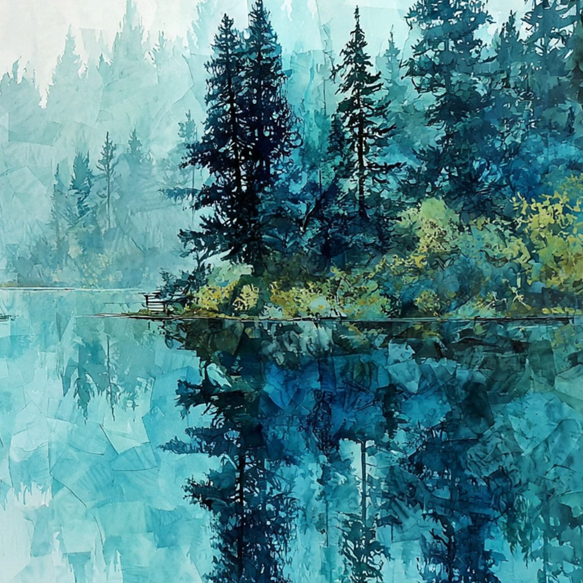 Azure Sanctuary hand-painted azure blue and ivory textured forest landscape painting shown with white frame
